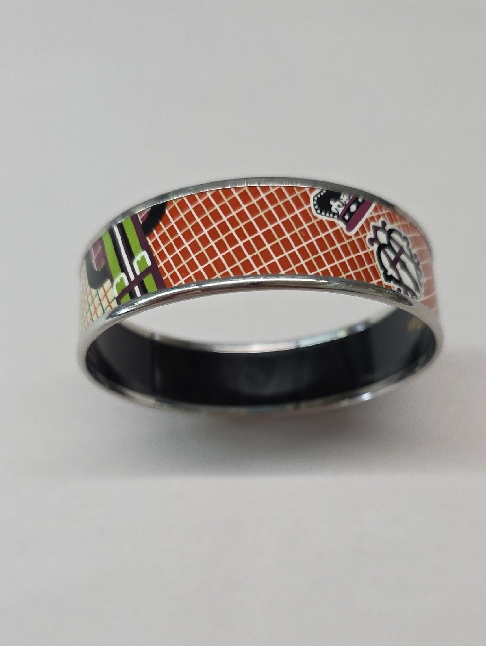 Hermes Purple/Green Printed Enamel Palladium Wide Bangle Bracelet Size 65 - Picture 3 of 9
